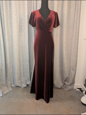 Jenny Yoo Flutter-sleeve Burgundy Velvet V-Neck Open-back Evening Dress
